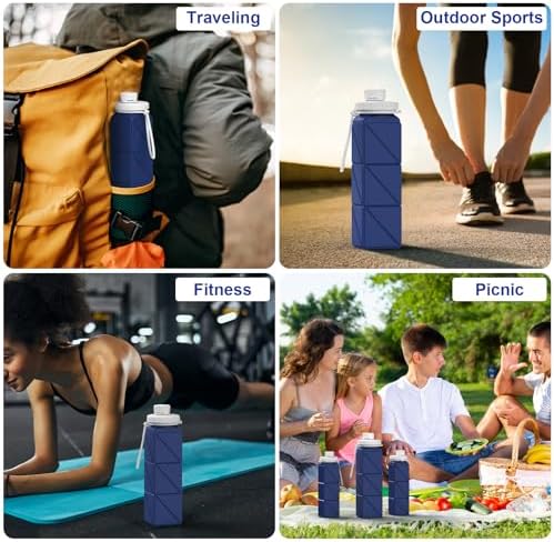 4pack Collapsible Water Bottles, 20.6oz Foldable Water Bottle BPA Free Reusable Lightweight LeakProof Travel Silicone Water Bottles for Travel, Gym, Hiking, Office, Camping, Sports Portable