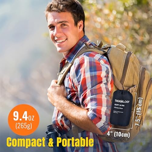 TREKOLOGY Camping Pillow - Large Inflatable (24"x15") for Home-Like Comfort, Portable & Ergonomic, Easy to Clean, Durable & Leak-Proof, Removable Strap for Secure Fit – ALUFT Ultra (Blue)