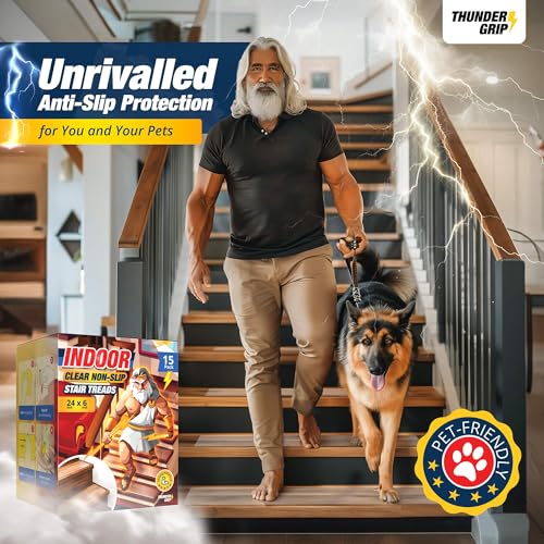 Clear Stair Treads Non-Slip 24"x6" - 15-Pack Indoor Stair Grips Non Slip for Wooden Steps - Anti Slip Adhesive Strips for Dogs & Elderly - Staircase Step Treads - Transparent Treads for Wood Stairs