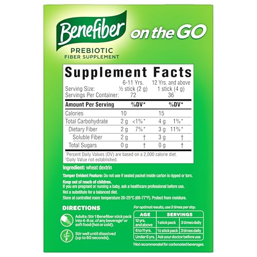 Benefiber On The Go Prebiotic Fiber Supplement Powder for Digestive Health, Daily Powder, Unflavored Stick Packs - 36 Sticks (Pack of 2)