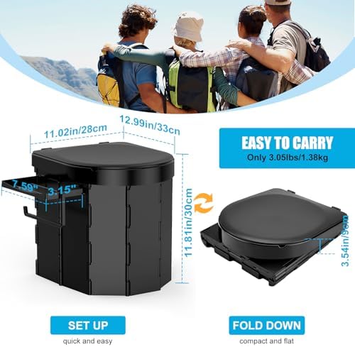 Portable Camping Toilet, Foldable Toilet for Adults with Detachable Phone Shelf and Toilet Paper Holder, Waterproof Porta Potty with Lid for Camping, Hiking, RV Travel, Road Trips