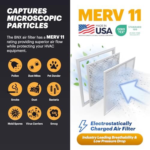 BNX TruFilter 14x14x1 Air Filter MERV 11 (6-Pack) - MADE IN USA - Allergen Defense Electrostatic Pleated Air Conditioner HVAC AC Furnace Filters for Allergies, Dust, Pet, Smoke, Allergy MPR 1200 FPR 7