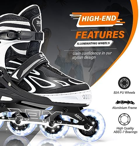 2PM SPORTS Vinal Girls Adjustable Flashing Inline Skates, All Wheels Light Up, Fun Illuminating Skates for Kids Men Adult Women and Boys