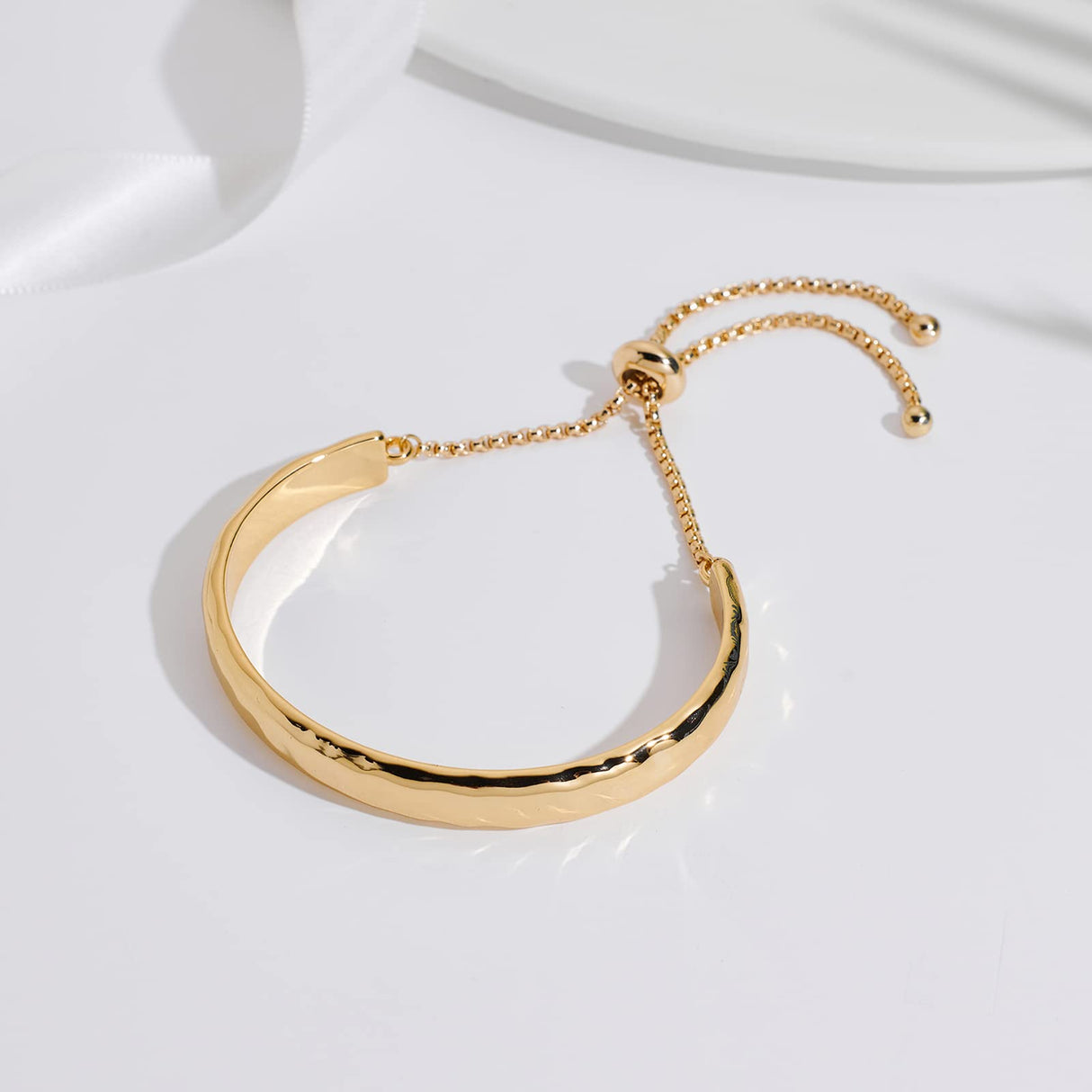 WOWORAMA Gold Bar Bracelet for Women Adjustable Slider Bangle Bracelets 14K Gold Plated Curved Bar Bolo Bracelet Simple Friendship Bracelet - Gold Hammered Bar Bracelet