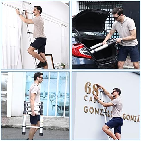 RIKADE Telescoping Ladder 12.5FT & Attic Ladder, Heavy Duty Aluminum with Non-Slip Feet, 330lb Capacity for RV, Attic, Roof & Multi-Surface Use