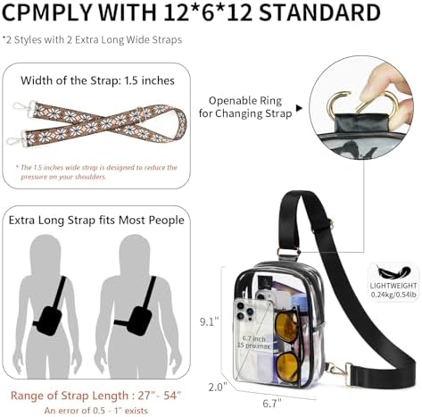 3 Pockets Clear Bag for Stadium Events with 2 Long Straps Sling Backpack Fanny Pack Concert Crossbody Purses for Women