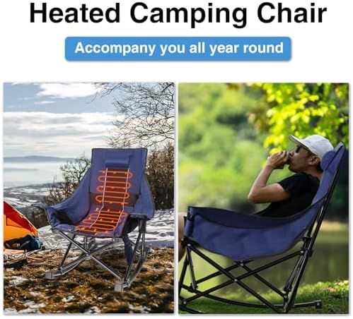 Slendor Oversized Rocking Camping Chair, XL Heated Camping Chair w/ 3 Levels Heat for Back+Seat, Padded Rocking Lawn Chair with 20000 mAh Power Bank, Pillow, Side Pocket, Carry Bag, Navy Blue
