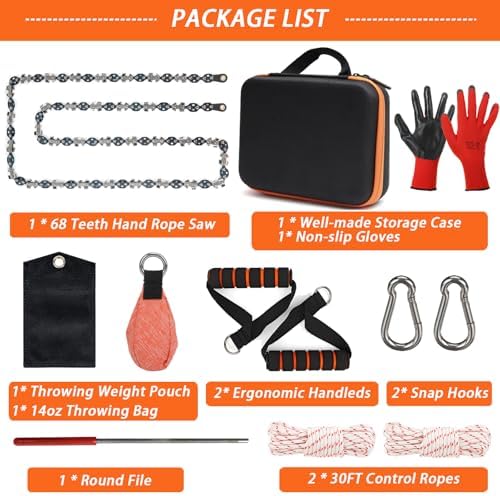 53 Inch High Limb Rope Saw with 14oz Throw Weight Bag, Hand Chainsaw with 68 Sharp Teeth Blades on Both Sides, Hand Rope Chain Saw Kit Includes Ergonomic Handles and Storage Case