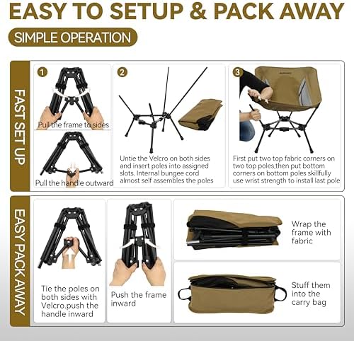 MARCHWAY Lightweight Folding Camping Chair, Stable Portable Compact for Outdoor Camp, Travel, Beach, Picnic, Festival, Hiking, Backpacking, Supports 330Lbs (Khaki)
