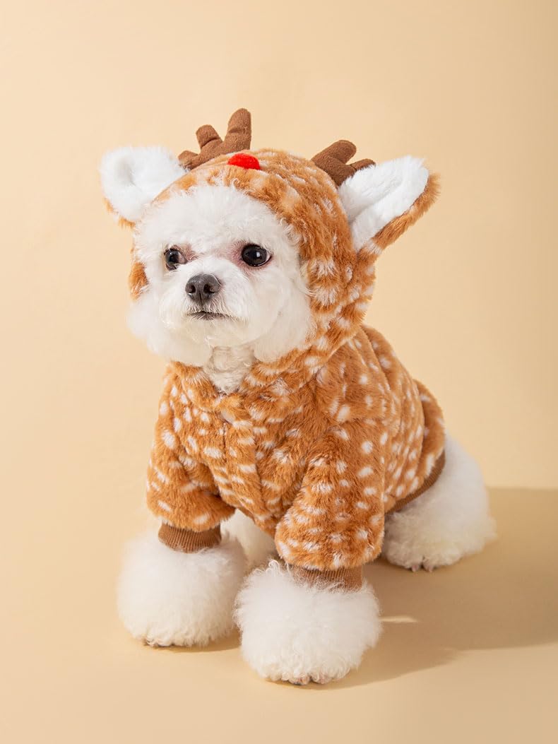 AZA Reindeer Dog Costume Fluffy Christmas Clothes Moose Coat Winter Pet Hoodies Puppy Girl Cute Coat Outfits for Small Dogs Costumes (L(Suitable:9lb-12lb),Moose Brown)