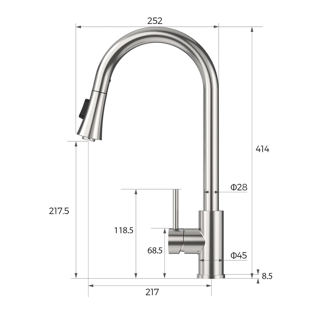 VANCOCO Kitchen Sink Mixer Tap 1 Hole, Single High Arch Kitchen Tap with 360° Swivel Pull Down Sprayer 2 Modes, SUS304 Stainless Steel Faucet