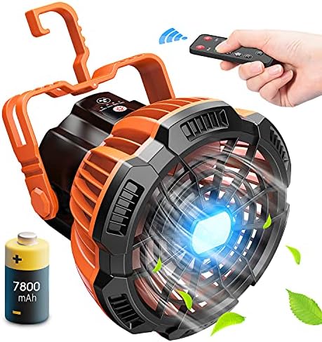 Camping Fan with LED Lantern, Rechargeable Battery Powered Fan, Portable Tent Fan with Remote Control, 25H Working Time, Battery Operated Fan, 180°Head Rotation, Outdoor travel Fan, Ceiling Fan