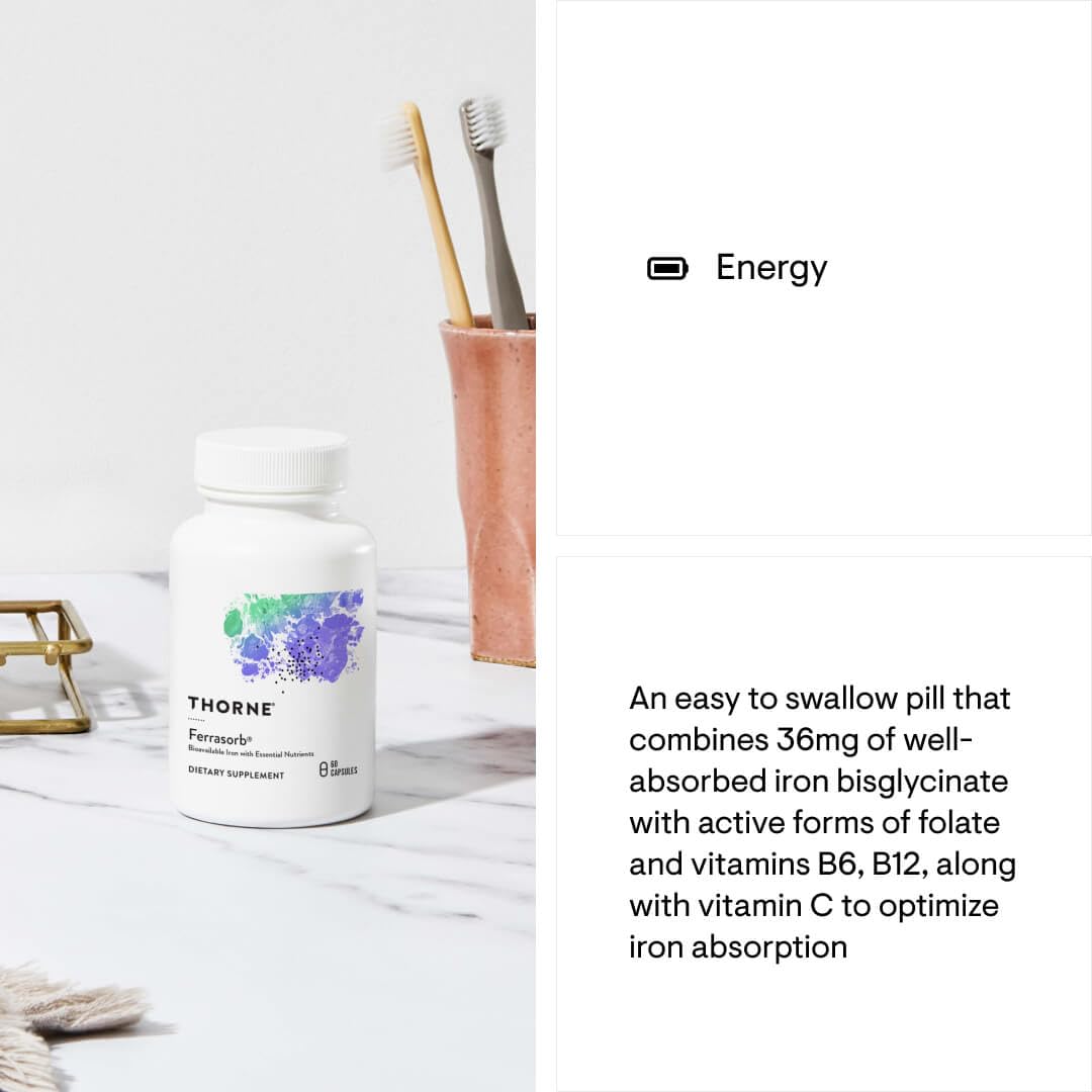 THORNE - Ferrasorb - 36 mg Iron with Essential Nutrients - Complete Blood Support Formula* - Elemental Iron, Folate, B and C Vitamins for Optimal Absorption - Gluten-Free - 60 Capsules