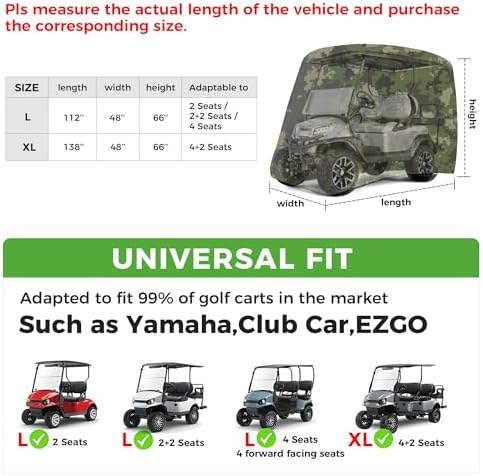 10L0L 2/4/4+2 Passenger Golf Cart Cover Fits for Yamaha EZGO Club Car, 420D Waterproof Durable Polyester Golf Cart Cover with Three Zipper Doors Windproof Sunproof - Black/Army Green/Sliver