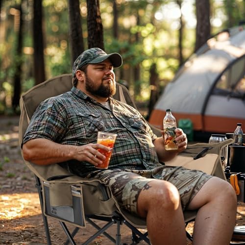 Overmont Oversized XL Camping Chair for Adults - 450lbs Support Heavy-Duty Padded Folding Chair with Side Pocket Cup Holder Cooling Bag for Outdoor Sports Garden Beach Fishing Lawn Khaki