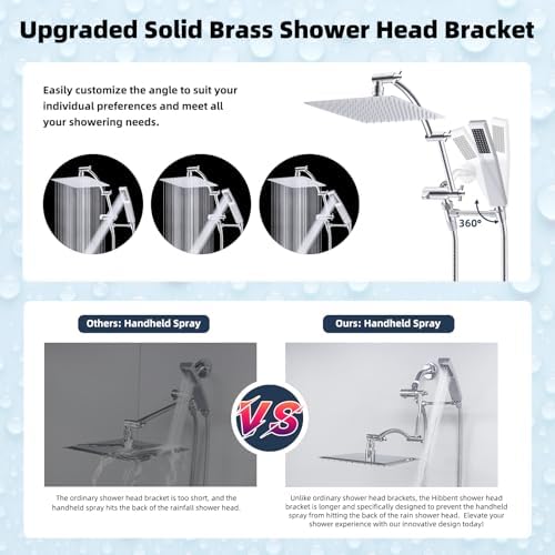 Hibbent All Metal 10'' Rainfall Shower Head, Dual Shower Head Combo, High Pressure Handheld Shower Wand, 16'' Adjustable Arc-shaped Shower Extension Arm, 71'' Hose, Showerhead Holder, Chrome