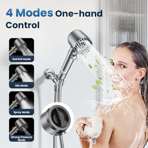 Filtered Shower Head with Handheld,High Pressure Shower Head 4 Spray Modes,ShowerHead with ON/OFF Switch for Pets,Built-in Power Wash to Clean Tub,Shower Heads Combo with Stainless Steel Hose