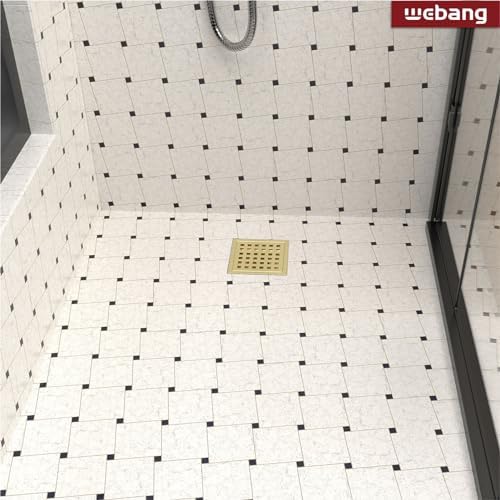 4 Inch Square Shower Floor Drain with Flange,Quadrato Pattern Grate Removable,Food-Grade SUS 304 Stainless Steel,Watermark&CUPC Certified, Brushed Gold