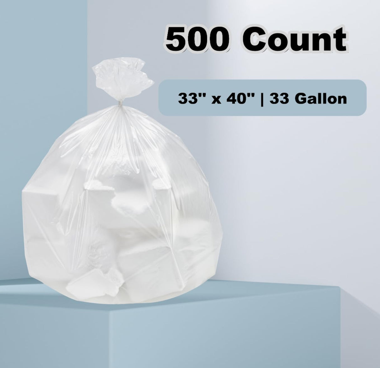 LUTREVA 33 Gallon Clear Trash Can Liners, 500 Count, 33'' x 40'', High Density Garbage Bags for Home, Outdoor, Recycling, Commercial, Industrial Use