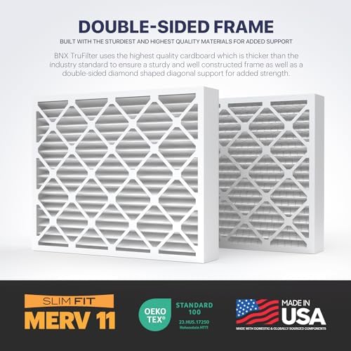 BNX TruFilter 20x25x4 (19.5’’ x 24.5’’ x 3.63‘’ Slim Fit) MERV 11 Air Filter 2-Pack - MADE IN USA - Air Conditioner Furnace Filters HVAC AC Furnace Filters for Allergy Dust, Pet, Mold, MPR 1200 FPR 7