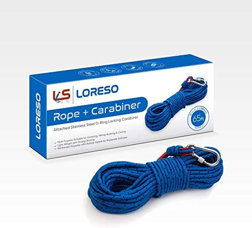 Loreso Strong Magnet Fishing Rope Carabiner, Camping Rope - Heavy Duty 1200 lb Strength All Purpose Ropes, 1/3 Inch Reinforced Polyester Line, Outdoor Rope for Camping, Hiking, Boating & Caving - 65ft