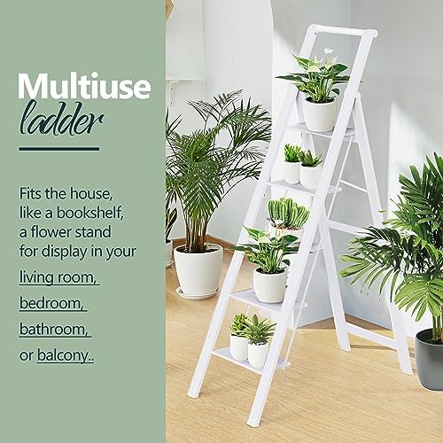 WOA WOA 5 Step Ladder, Ladders for Home, Anti-Slip Pedals, Aluminum Step Stool Foldable, Lightweight to Move, Ease of Storage, Reach 10ft for Closet Kitchen Library, Hold 300lbs - White