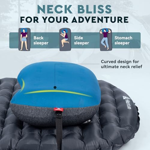 Hikenture Camping Pillow Ultralight, Inflatable Pillow with Removable Cover, Compact Portable Backpacking Pillow, Ergonomic Blow Up Camp Pillow, Washable Air Pillow for Hiking, Beach, Travel (Blue)