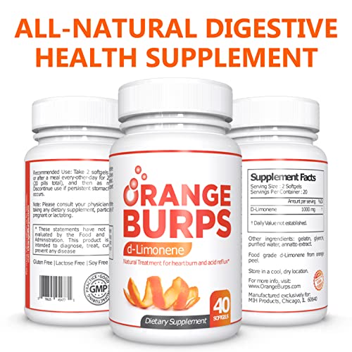 Orange Burps D-Limonene Supplement for Digestive Health, Heartburn, Acid Reflux, GERD | Orange Peel Extract | All-Natural Easy-to-Swallow Softgels | 1,000 mg per Serving - Made in USA