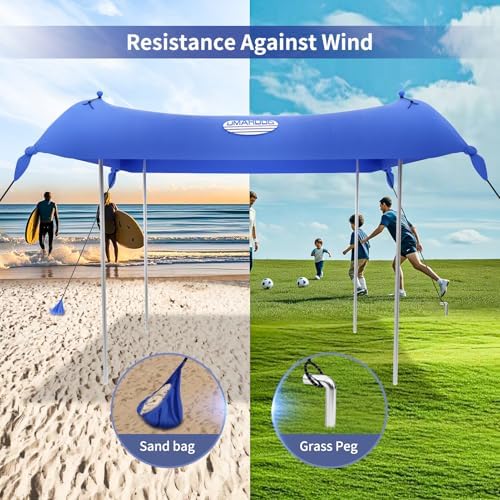 UMARDOO Family Beach Tent Canopy Sun Shade Portable 10×10FT, Large Wind Resistance Beach Sun Shelter Easy Setup with Packable Carry Bag for Outdoor Travel UPF 50+ (Blue)