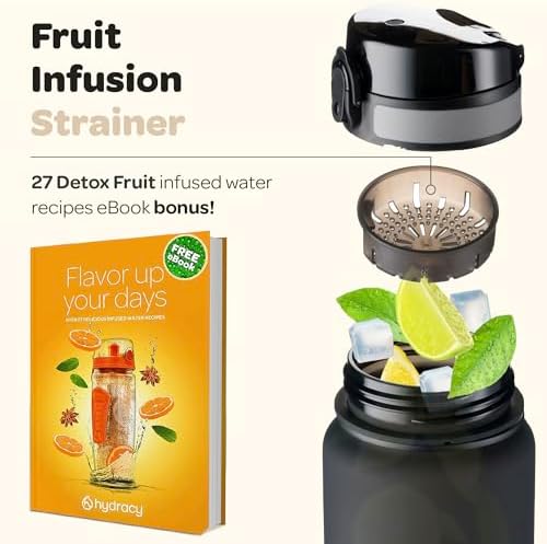 Hydracy Water Bottle with Time Marker -Large BPA Free Water Bottle & No Sweat Sleeve -Leak Proof Gym Bottle with Fruit Infuser Strainer & Times to Drink -Ideal for Fitness Sports & Outdoors