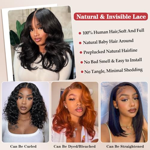 Devonia 14 Inch Bob Human Hair Wig 13x4 Body Wave Lace Front Wigs Human Hair Pre Plucked HD Frontal Lace Wig 180 Density Glueless Wigs for Women Bob Wigs Natural Black Color