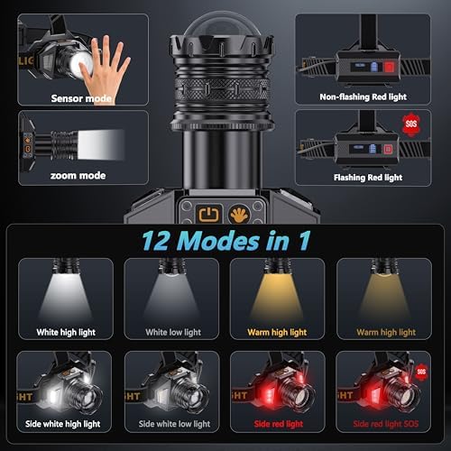 LED Headlamp Rechargeable,2000 High Lumens Head Lamp with 12 Modes & 90H Long Battery Life & Motion Sensor & IPX7 Waterproof,90° Adjustable Headlight for Outdoor Camping,Cycling,Hiking
