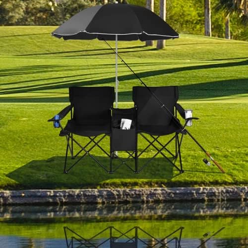 ReunionG Double Folding Camping Chairs, Portable Beach Chairs with Removable Umbrella & Mini Table Carrying Bag, Outdoor Lawn Chairs for Picnic, Patio, Pool, Park (Black)