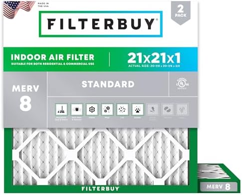 Filterbuy 21x21x1 Air Filter MERV 8 Dust Defense (2-Pack), Pleated HVAC AC Furnace Air Filters Replacement (Actual Size: 20.88 x 20.88 x 0.75 Inches)