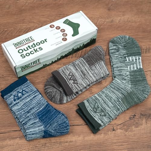 innotree 3 Pack Men's Merino Wool Hiking Socks, Micro Crew Cushioned Hiking Walking Thermal Moisture Wicking Trekking Socks