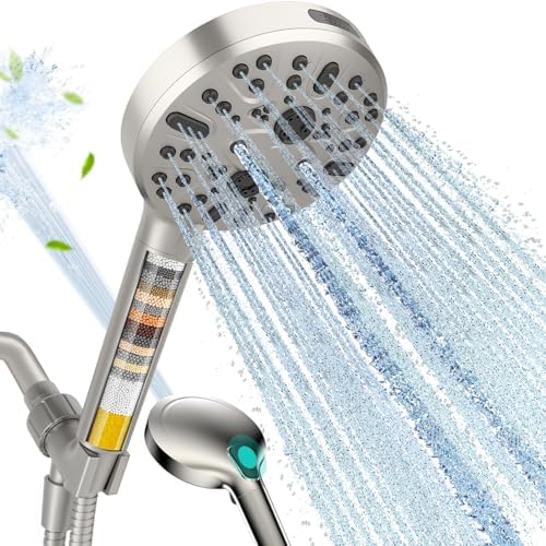 Cobbe Handheld Shower Head with Filter, High Pressure 9 Spray Mode Showerhead Built-in Power Wash with Hose, Bracket and Water Softener for Hard Water Remove Chlorine, Brushed Nickel