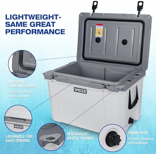 WEIZE Ultra-Light 55 Quart Hard Cooler Insulated Portable Ice Chest Box with Bottle Opener, Keeps Cold up to 8 Days for Beach, Drink, Beverage, Camping, Picnic, Fishing, Boat, Barbecue, White
