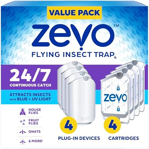 Zevo 4 Flying Insect Traps & 4 Cartridges - Plug In Fly Trap & Indoor Bug Catcher for Gnats, House & Fruit Flies - Mess-Free - Use in Any Room - Uses Blue & UV Light (4 Plug In Devices & 4 Cartridges)