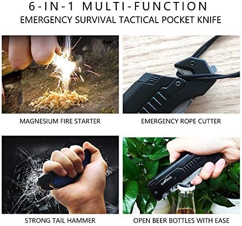 ALBATROSS 6-in-1 Modern Damascus Steel Folding Pocket Knives with LED Light,Seatbelt Cutter,Glass Breaker,Magnesium Fire Starter,Bottle Opener;Multi-Function Emergency Tool(Black-DA)