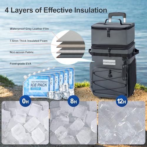 Odoland 48/72 Cans Soft Cooler with Wheels and Handle Collapsible Ice Chest Rolling Coolers on Wheels for Beach Camping Travel and Picnic