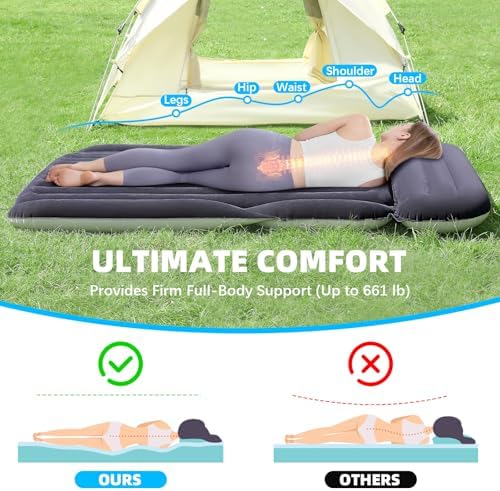 KMZ SUV Air Mattress with 2 Pillows – Thickened and Flocked Car Bed – Portable Travel Pad for Camping & Road Trips – Quick Inflate & Deflate with External Pump – Blue-Black and Cool Gray