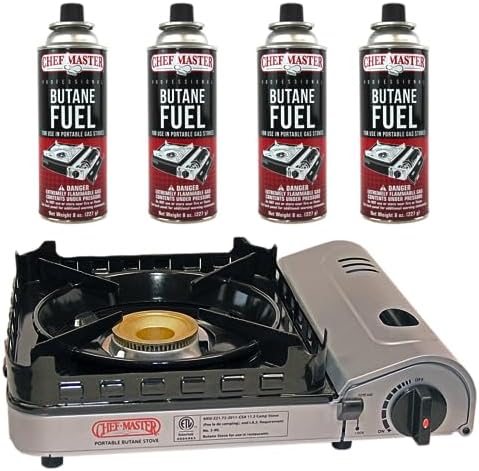 Chef Master 15,000 BTU Portable Butane Camping Stove COMBO with 4 x 8oz. Butane Fuel Canister, Double Wind-Guard Portable Stove Burner for Emergency, Road Trip, Backpacking & Camping Essential - 90019