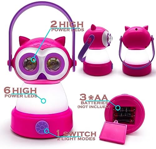 Kids Camping Lantern with Headlamp LED Light | Outdoor Adventure Flashlight for Children | Safe & Durable Camping Gear | AA Battery Powered | Kids' Night Camping Essential | Pink Owl