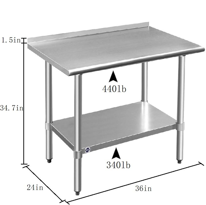ROCKPOINT Stainless Steel Table for Prep & Work with Backsplash 24x36 Inches, NSF Metal Commercial Kitchen Heavy Duty Table with Adjustable Under Shelf and Table Foot for Restaurant, Home and Hotel