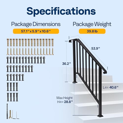 VIVOHOME 2-Pack Wrought Iron Hand Rails for Outdoor Steps β 40.6" Curved Ends and Safety Balusters Exterior Railing Kit for Porch, Deck, or Indoor Stairs (4-Step, Black)