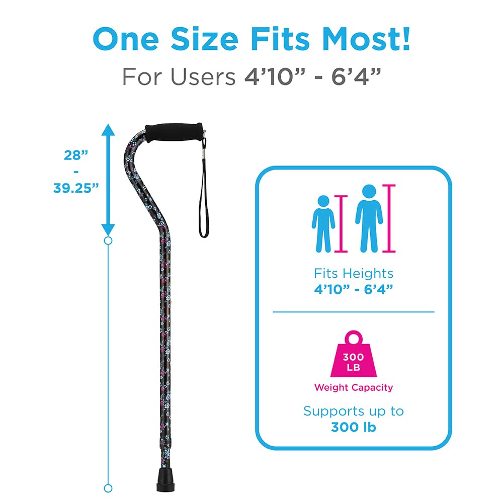 Designer Walking Cane with Offset Handle, Lightweight Adjustable Walking Stick with Carrying Strap,"Black w/Blue and Pink Flowers" Design, Black W/Blue and Pink Flowers