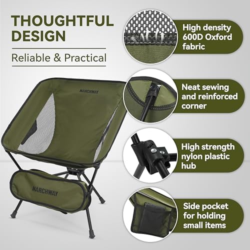MARCHWAY Lightweight Folding Camping Chair, Stable Portable Compact for Outdoor Camp, Travel, Beach, Picnic, Festival, Hiking, Backpacking, Supports 330Lbs (Green)