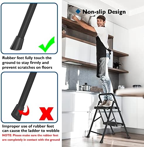 BONTEC 2-Step Ladder, Folding Step Stool, 600lbs Max Load Capacity, Sturdy Steel, Non-Slip Pedals, Lightweight, Portable Steel Ladder with Convenient Handrail, Safety Design for Home & Work, Black