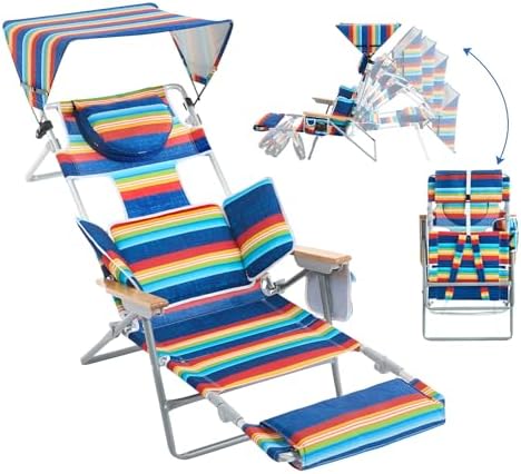 Oversized Heavy Duty Backpack Beach Chair with Sun Canopy, Reclining Lounge Chair Tanning Chair with Face Hole, 5-Position Foldable Camping Chair for Outdoor Sunbathing Beach Patio Pool (Multi Color)