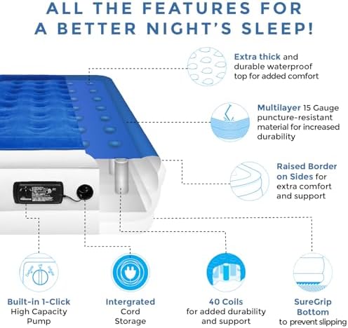 SoundAsleep Dream Series Luxury Air Mattress with ComfortCoil Technology & Built-in High Capacity Pump for Home & Camping- Double Height, Adjustable, Inflatable Blow Up, Portable - Twin Size